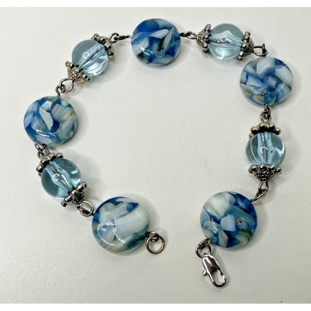 Murano Blue Glass Beaded Bracelet Silver Tone Caged 7.5 in